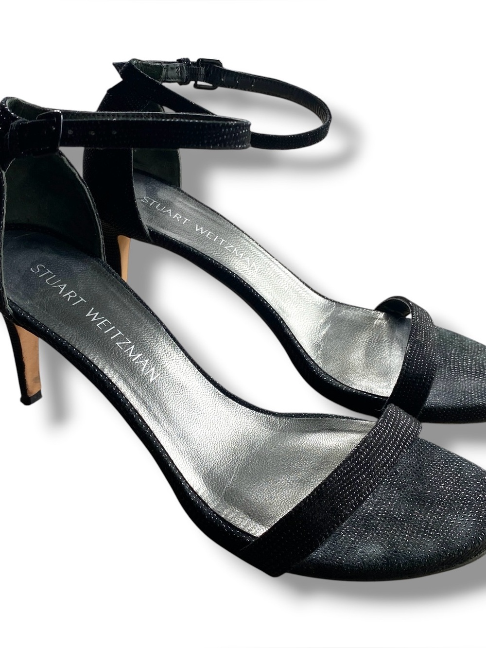 Stuart Weitzman Nudist Black Textured Suede Ankle Strap Open Toe Sandals Size 7